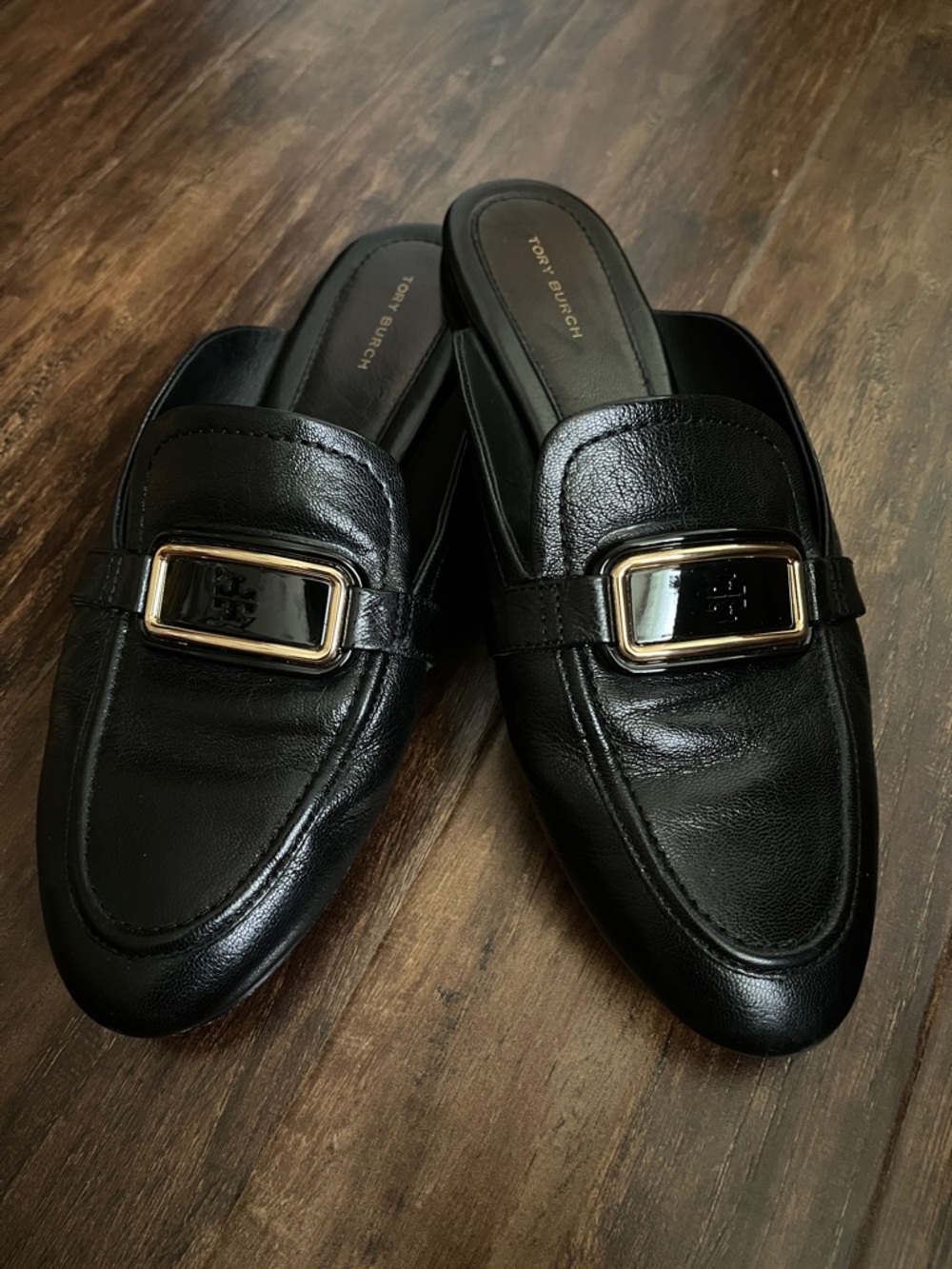 Size 9M Tory Burch Georgia Backless Leather Loafers w/ Gold Buckle